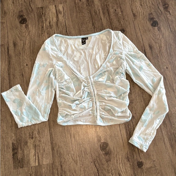 Windsor Flocked Floral Mesh Long Sleeve Corset Sky Blue Top NWOT - Picture 2 of 10